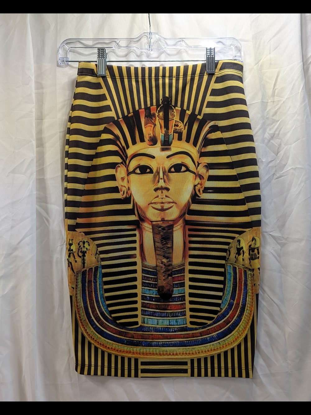 Egyptian Pharaoh King Tut Print Pencil Skirt in Black and Gold Size Small